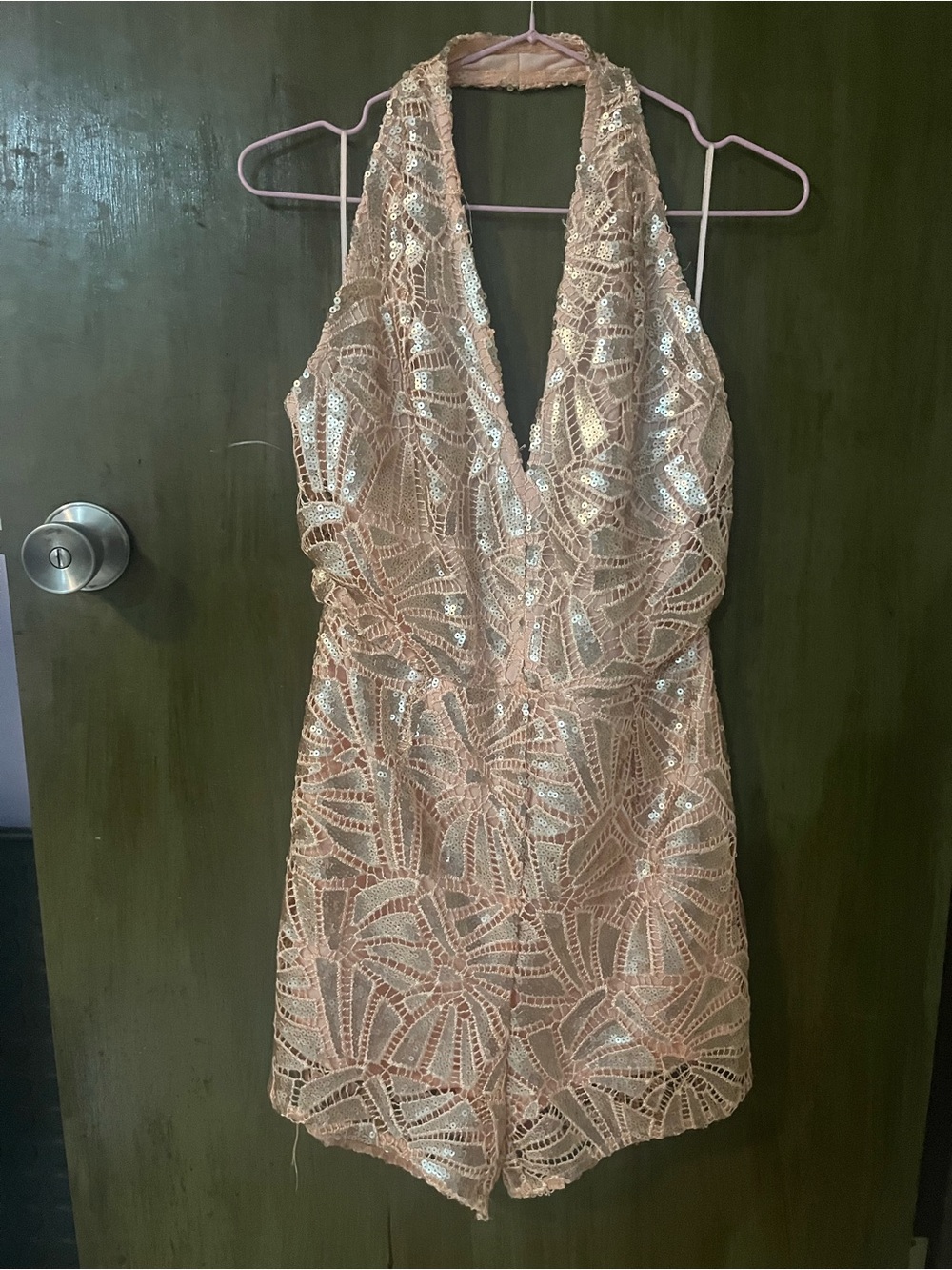 Sequin Halter Romper Jumpsuit in Blush